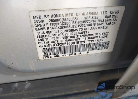 2006 Honda Pilot Ex-L из США, поврежденный, VIN 5FNYF28516B019129